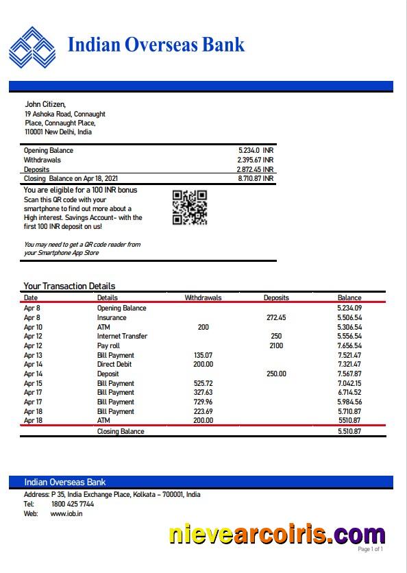 India Indian Overseas Bank statement, Word and PDF format